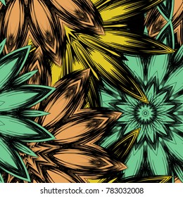 Seamless floral background. Tracery handmade nature ethnic fabric backdrop pattern with flowers. Textile design texture. Decorative color art. Vector