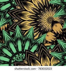 Seamless floral background. Tracery handmade nature ethnic fabric backdrop pattern with flowers. Textile design texture. Decorative color art. Vector