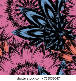 Seamless floral background. Tracery handmade nature ethnic fabric backdrop pattern with flowers. Textile design texture. Decorative color art. Vector