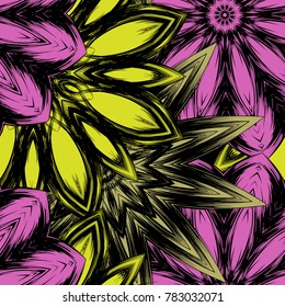 Seamless floral background. Tracery handmade nature ethnic fabric backdrop pattern with flowers. Textile design texture. Decorative color art. Vector