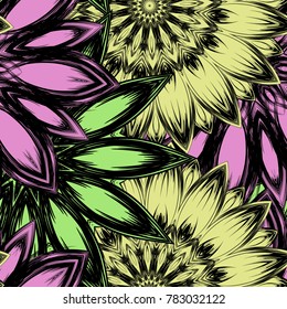 Seamless floral background. Tracery handmade nature ethnic fabric backdrop pattern with flowers. Textile design texture. Decorative color art. Vector