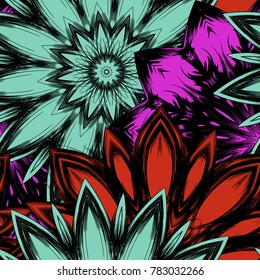 Seamless floral background. Tracery handmade nature ethnic fabric backdrop pattern with flowers. Textile design texture. Decorative color art. Vector
