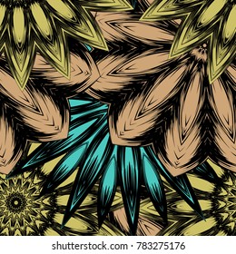 Seamless floral background. Tracery handmade nature ethnic fabric backdrop pattern with flowers. Textile design texture. Decorative color art. Vector