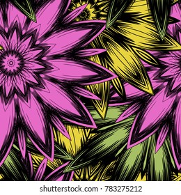 Seamless floral background. Tracery handmade nature ethnic fabric backdrop pattern with flowers. Textile design texture. Decorative color art. Vector