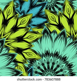 Seamless floral background. Tracery handmade nature ethnic fabric backdrop pattern with flowers. Textile design texture. Decorative color art. Vector