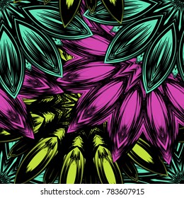Seamless floral background. Tracery handmade nature ethnic fabric backdrop pattern with flowers. Textile design texture. Decorative color art. Vector