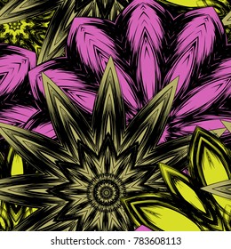 Seamless floral background. Tracery handmade nature ethnic fabric backdrop pattern with flowers. Textile design texture. Decorative color art. Vector