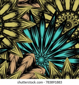 Seamless floral background. Tracery handmade nature ethnic fabric backdrop pattern with flowers. Textile design texture. Decorative color art. Vector