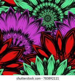 Seamless floral background. Tracery handmade nature ethnic fabric backdrop pattern with flowers. Textile design texture. Decorative color art. Vector