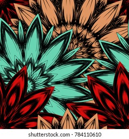 Seamless floral background. Tracery handmade nature ethnic fabric backdrop pattern with flowers. Textile design texture. Decorative color art. Vector