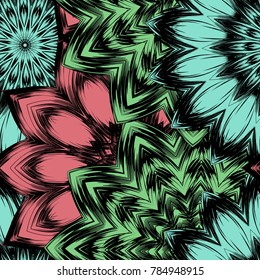 Seamless floral background. Tracery handmade nature ethnic fabric backdrop pattern with flowers. Textile design texture. Decorative color art. Vector