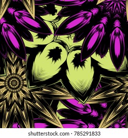 Seamless floral background. Tracery handmade nature ethnic fabric backdrop pattern with flowers. Textile design texture. Decorative color art. Vector