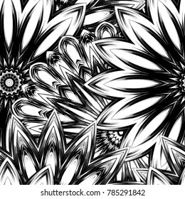 Seamless floral background. Tracery handmade nature ethnic fabric backdrop pattern with saturated dark flowers. Textile design texture. Decorative binary monochrome black and white art. Vector