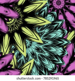 Seamless floral background. Tracery handmade nature ethnic fabric backdrop pattern with flowers. Textile design texture. Decorative color art. Vector