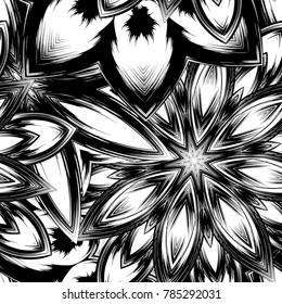Seamless floral background. Tracery handmade nature ethnic fabric backdrop pattern with saturated dark flowers. Textile design texture. Decorative binary monochrome black and white art. Vector
