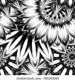 Seamless floral background. Tracery handmade nature ethnic fabric backdrop pattern with saturated dark flowers. Textile design texture. Decorative binary monochrome black and white art. Vector
