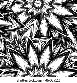 Seamless floral background. Tracery handmade nature ethnic fabric backdrop pattern with saturated dark flowers. Textile design texture. Decorative binary monochrome black and white art. Vector