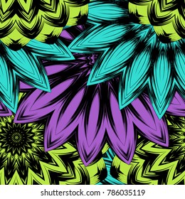 Seamless floral background. Tracery handmade nature ethnic fabric backdrop pattern with flowers. Textile design texture. Decorative color art. Vector