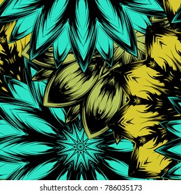 Seamless floral background. Tracery handmade nature ethnic fabric backdrop pattern with flowers. Textile design texture. Decorative color art. Vector