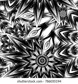 Seamless floral background. Tracery handmade nature ethnic fabric backdrop pattern with saturated dark flowers. Textile design texture. Decorative binary monochrome black and white art. Vector
