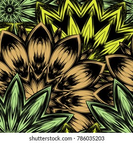 Seamless floral background. Tracery handmade nature ethnic fabric backdrop pattern with flowers. Textile design texture. Decorative color art. Vector