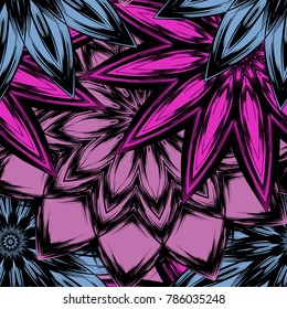 Seamless floral background. Tracery handmade nature ethnic fabric backdrop pattern with flowers. Textile design texture. Decorative color art. Vector