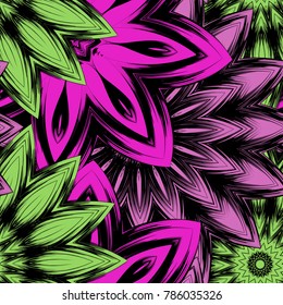 Seamless floral background. Tracery handmade nature ethnic fabric backdrop pattern with flowers. Textile design texture. Decorative color art. Vector