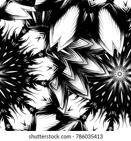 Seamless floral background. Tracery handmade nature ethnic fabric backdrop pattern with saturated dark flowers. Textile design texture. Decorative binary monochrome black and white art. Vector