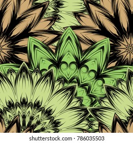 Seamless floral background. Tracery handmade nature ethnic fabric backdrop pattern with flowers. Textile design texture. Decorative color art. Vector