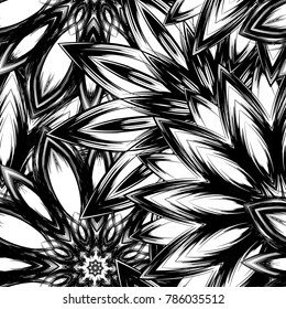 Seamless floral background. Tracery handmade nature ethnic fabric backdrop pattern with saturated dark flowers. Textile design texture. Decorative binary monochrome black and white art. Vector