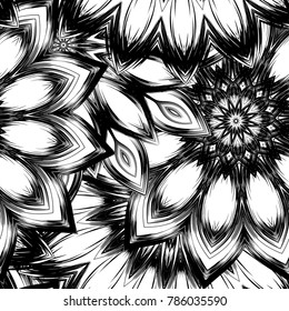 Seamless floral background. Tracery handmade nature ethnic fabric backdrop pattern with saturated dark flowers. Textile design texture. Decorative binary monochrome black and white art. Vector