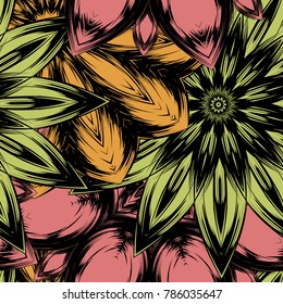 Seamless floral background. Tracery handmade nature ethnic fabric backdrop pattern with flowers. Textile design texture. Decorative color art. Vector