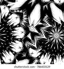 Seamless floral background. Tracery handmade nature ethnic fabric backdrop pattern with saturated dark flowers. Textile design texture. Decorative binary monochrome black and white art. Vector