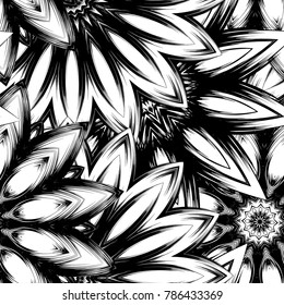 Seamless floral background. Tracery handmade nature ethnic fabric backdrop pattern with saturated dark flowers. Textile design texture. Decorative binary monochrome black and white art. Vector