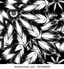 Seamless floral background. Tracery handmade nature ethnic fabric backdrop pattern with saturated dark flowers. Textile design texture. Decorative binary monochrome black and white art. Vector
