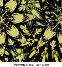Seamless floral background. Tracery handmade nature ethnic fabric backdrop pattern with flowers. Textile design texture. Decorative color art. Vector