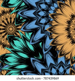 Seamless floral background. Tracery handmade nature ethnic fabric backdrop pattern with flowers. Textile design texture. Decorative color art. Vector