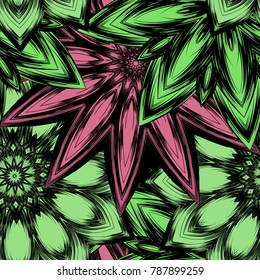 Seamless floral background. Tracery handmade nature ethnic fabric backdrop pattern with flowers. Textile design texture. Decorative color art. Vector