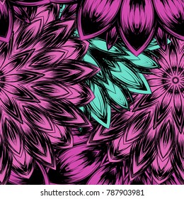 Seamless floral background. Tracery handmade nature ethnic fabric backdrop pattern with flowers. Textile design texture. Decorative color art. Vector