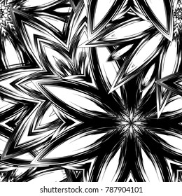Seamless floral background. Tracery handmade nature ethnic fabric backdrop pattern with saturated dark flowers. Textile design texture. Decorative binary monochrome black and white art. Vector