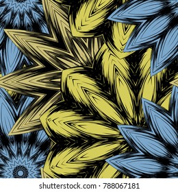 Seamless floral background. Tracery handmade nature ethnic fabric backdrop pattern with flowers. Textile design texture. Decorative color art. Vector