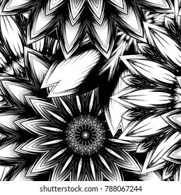 Seamless floral background. Tracery handmade nature ethnic fabric backdrop pattern with saturated dark flowers. Textile design texture. Decorative binary monochrome black and white art. Vector