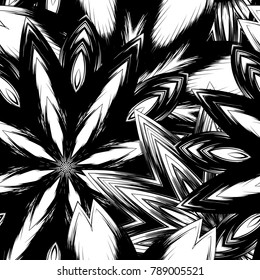 Seamless floral background. Tracery handmade nature ethnic fabric backdrop pattern with saturated dark flowers. Textile design texture. Decorative binary monochrome black and white art. Vector