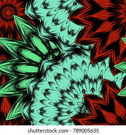 Seamless floral background. Tracery handmade nature ethnic fabric backdrop pattern with flowers. Textile design texture. Decorative color art. Vector