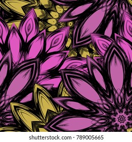 Seamless floral background. Tracery handmade nature ethnic fabric backdrop pattern with flowers. Textile design texture. Decorative color art. Vector