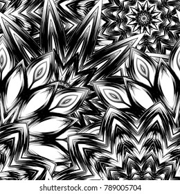 Seamless floral background. Tracery handmade nature ethnic fabric backdrop pattern with saturated dark flowers. Textile design texture. Decorative binary monochrome black and white art. Vector