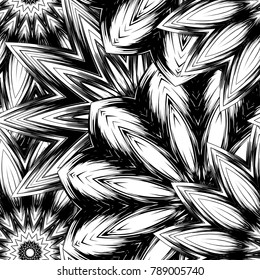 Seamless floral background. Tracery handmade nature ethnic fabric backdrop pattern with saturated dark flowers. Textile design texture. Decorative binary monochrome black and white art. Vector