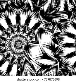 Seamless floral background. Tracery handmade nature ethnic fabric backdrop pattern with saturated dark flowers. Textile design texture. Decorative binary monochrome black and white art. Vector
