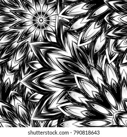 Seamless floral background. Tracery handmade nature ethnic fabric backdrop pattern with saturated dark flowers. Textile design texture. Decorative binary monochrome black and white art. Vector