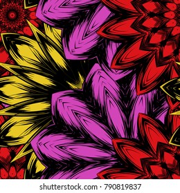 Seamless floral background. Tracery handmade nature ethnic fabric backdrop pattern with flowers. Textile design texture. Decorative color art. Vector